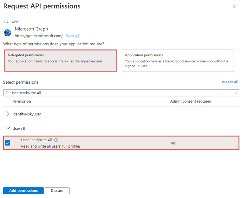 Screenshot of the User.ReadWrite.All permission in the Request API permissions panel