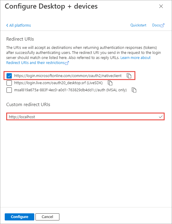 Screenshot of the Configure Desktop + devices panel