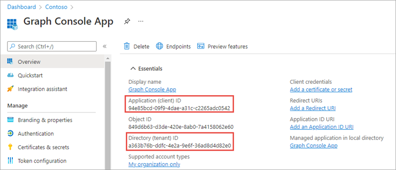 Screenshot of the application ID of the new app registration