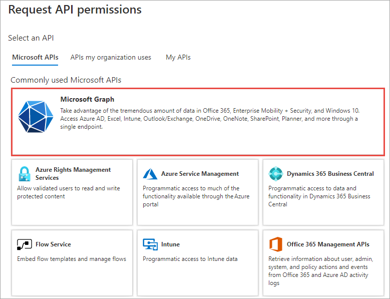 Screenshot of Microsoft Graph in the Request API permissions panel