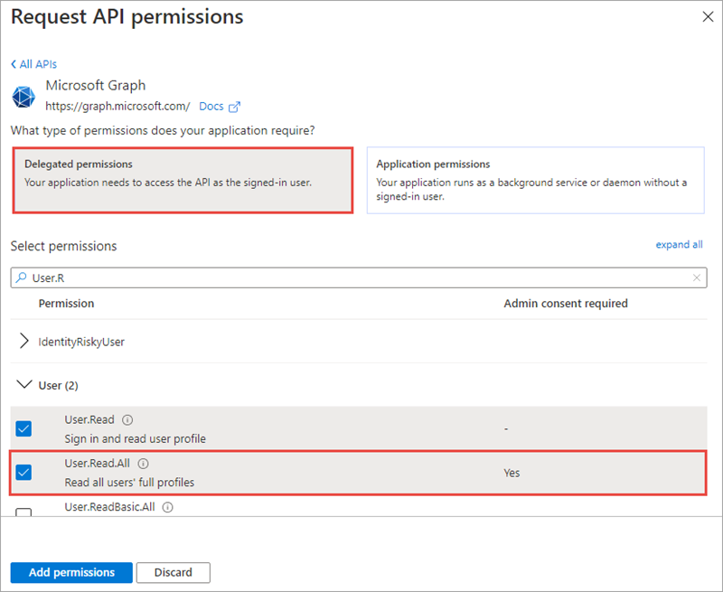 Screenshot of the User.Read.All permission in the Request API permissions panel
