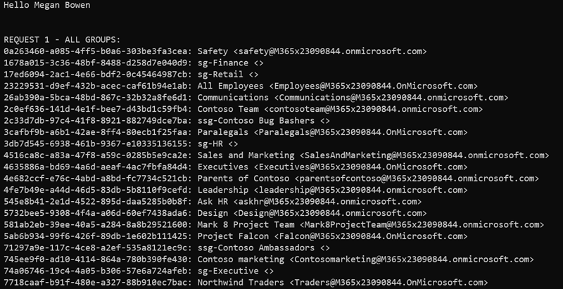 Screenshot of the console application showing all groups in the organization