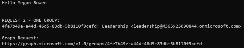 Screenshot of the console application showing a single group in the organization