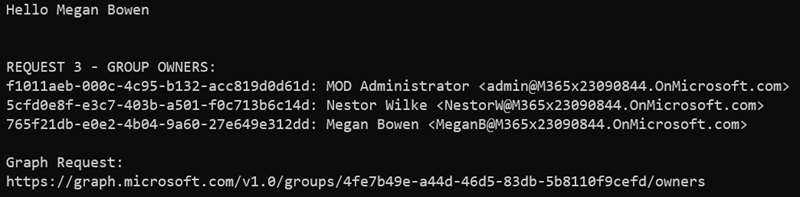 Screenshot of the console application showing a single group's owners in the organization