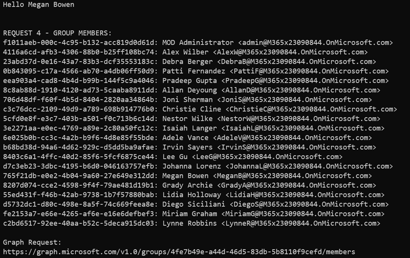 Screenshot of the console application showing a single group's members in the organization