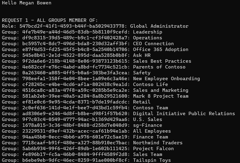 Screenshot of the console application showing all groups the user is a member of