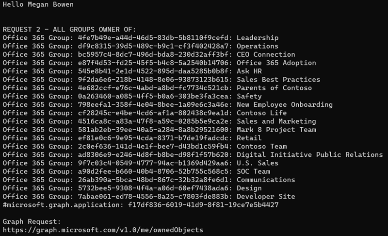 Screenshot of the console application showing all groups the user owns