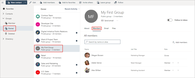 Screenshot of the group details in Outlook.com