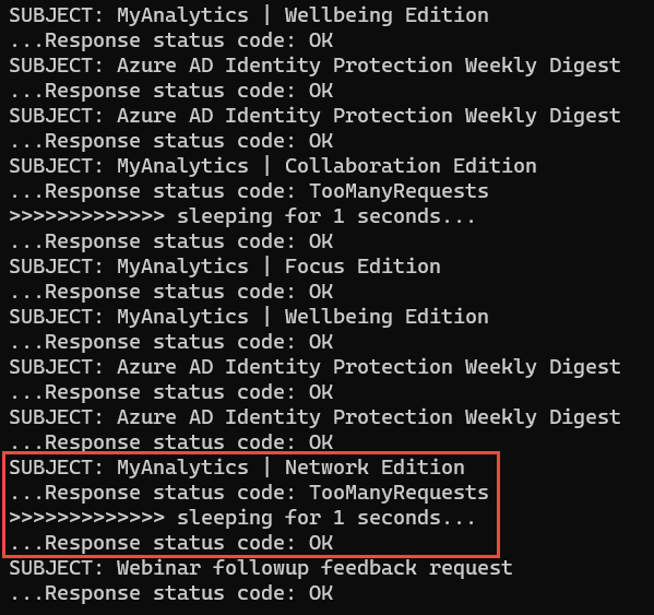 Screenshot of .NET console application displaying TooManyRequests error