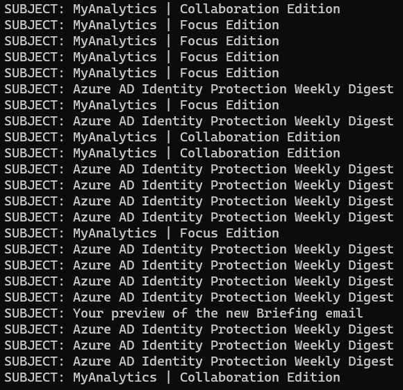 Screenshot of .NET console application logging email subjects