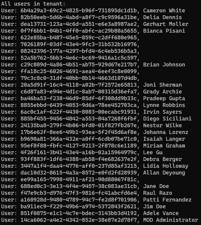 Screenshot of the console displaying all users