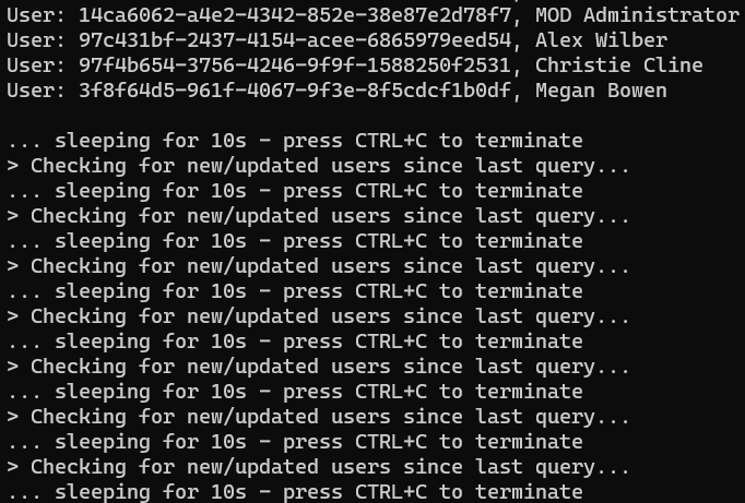 Screenshot of the console displaying no new users