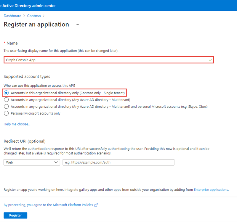 Screenshot of the Register an application page