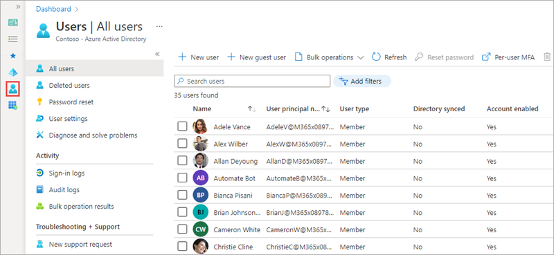 Screenshot of the Azure AD Users screen