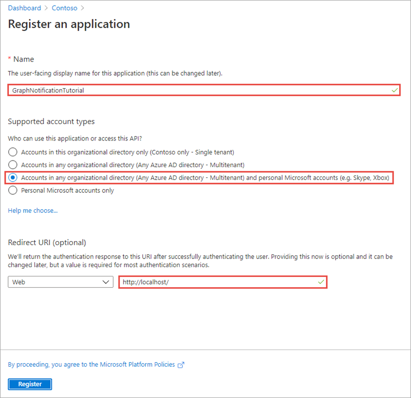 Screenshot of the Register an application page