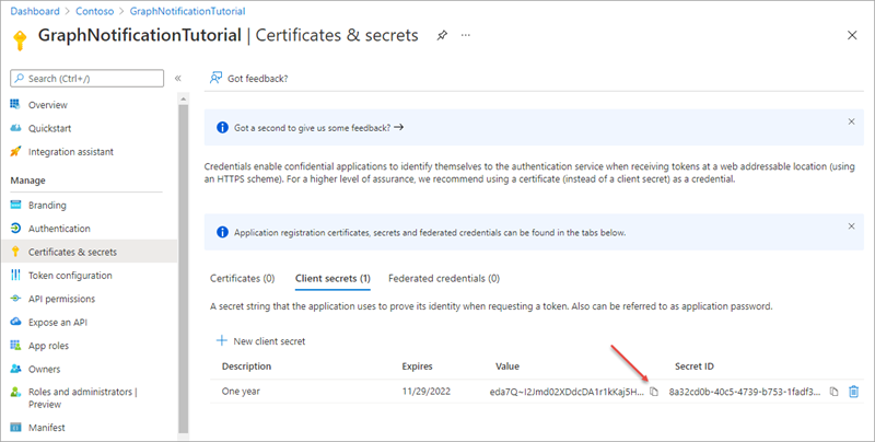 Screenshot of the newly added client secret