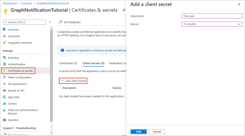 Screenshot of the Add a client secret dialog
