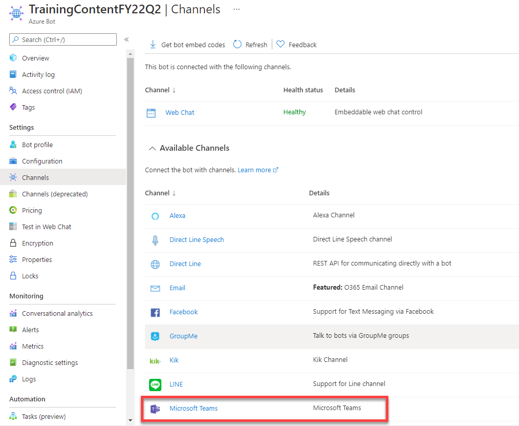 Screenshot enabling the Microsoft Teams channel.