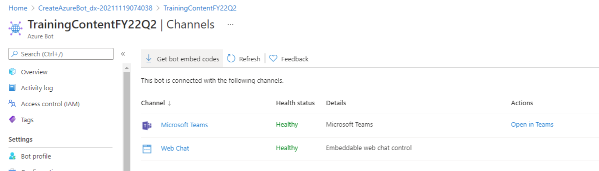 Screenshot of the enabled bot channels.
