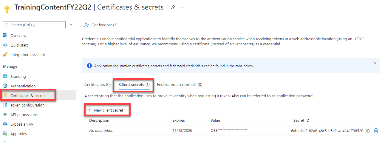 Screenshot of the Certificates & Secrets page in the Azure AD admin center.