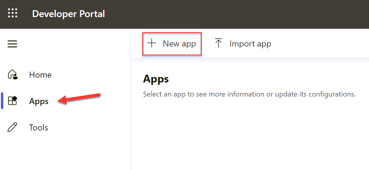 Screenshot of the Developer Portal with New App hightlighted.