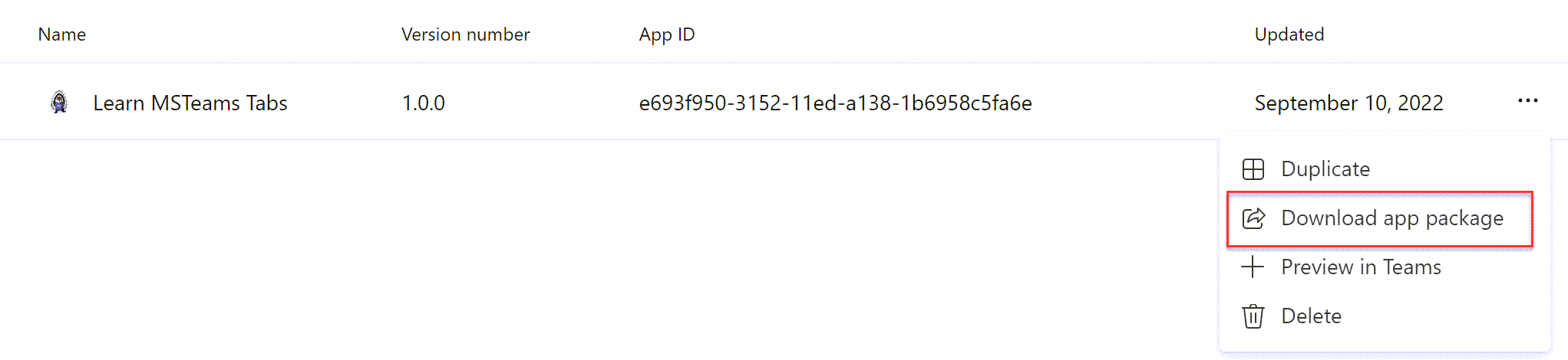 Screenshot of the Developer Portal highlighting the Download app package link