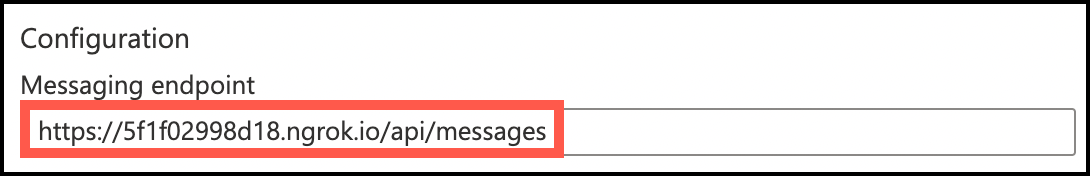 The messaging endpoint set to https://5f1f02998d18.ngrok.io/api/messages.