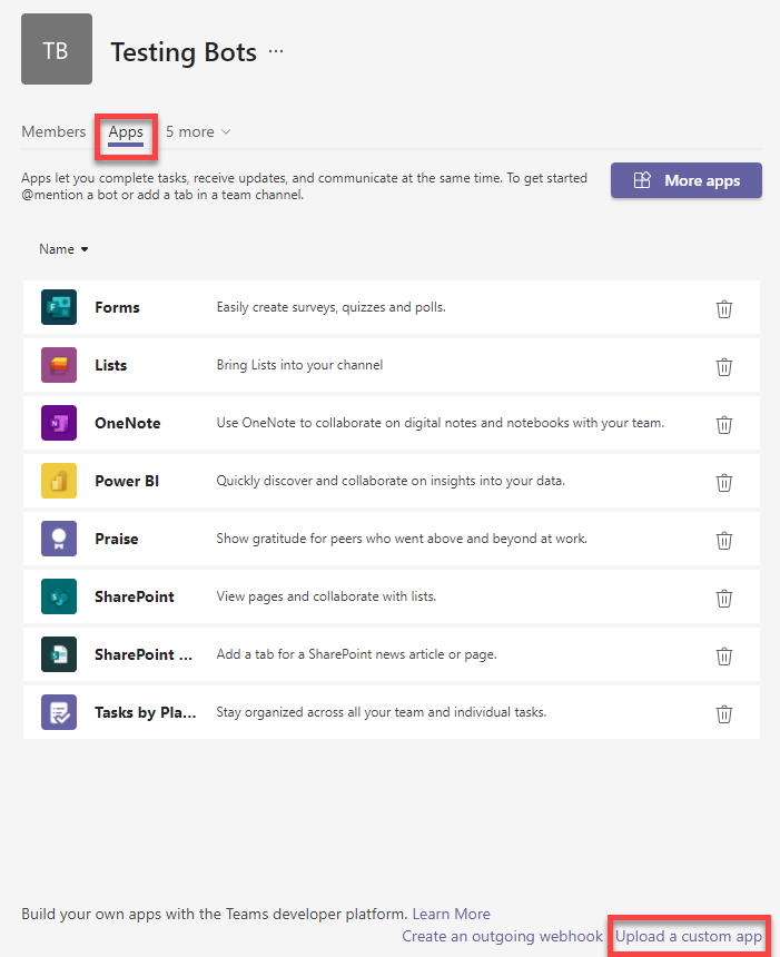 Screenshot of the Apps tab of the Manage Team page.