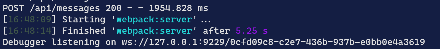 Screenshot of the gulp task running the webpack task.