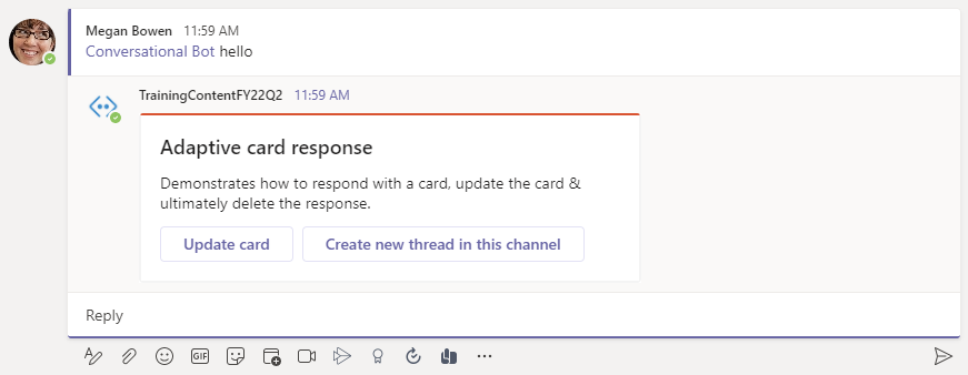 Screenshot of a message from the bot using cards - initial card display.