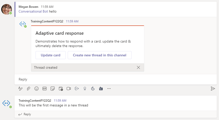 Screenshot of a message from the bot using cards - updating a card.