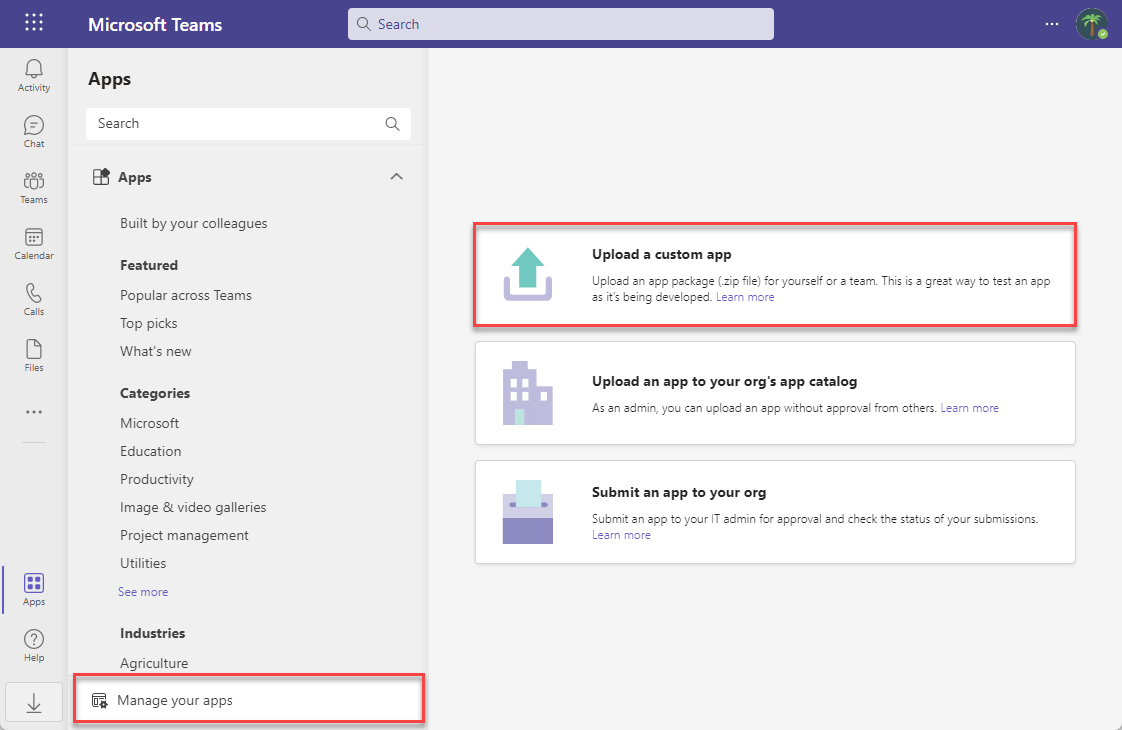 Screenshot of available apps and services page in Microsoft Teams