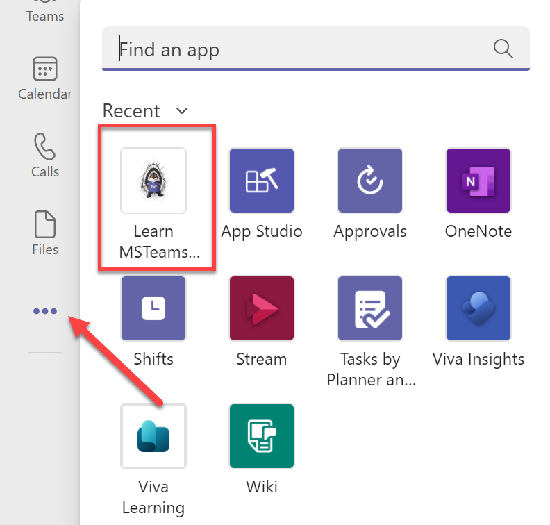 Screenshot of the installed Microsoft Teams app in the More added apps dialog box