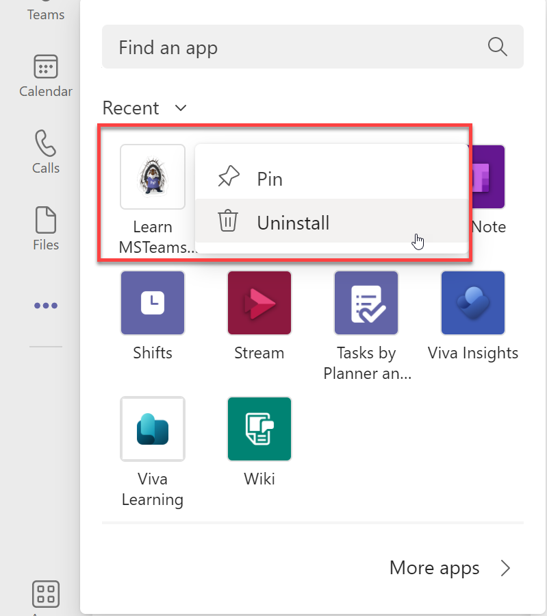 Screenshot uninstalling the Microsoft Teams app