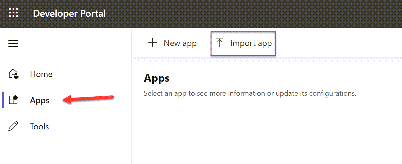 Screenshot of the Developer Portal for Teams with App section highlighted.