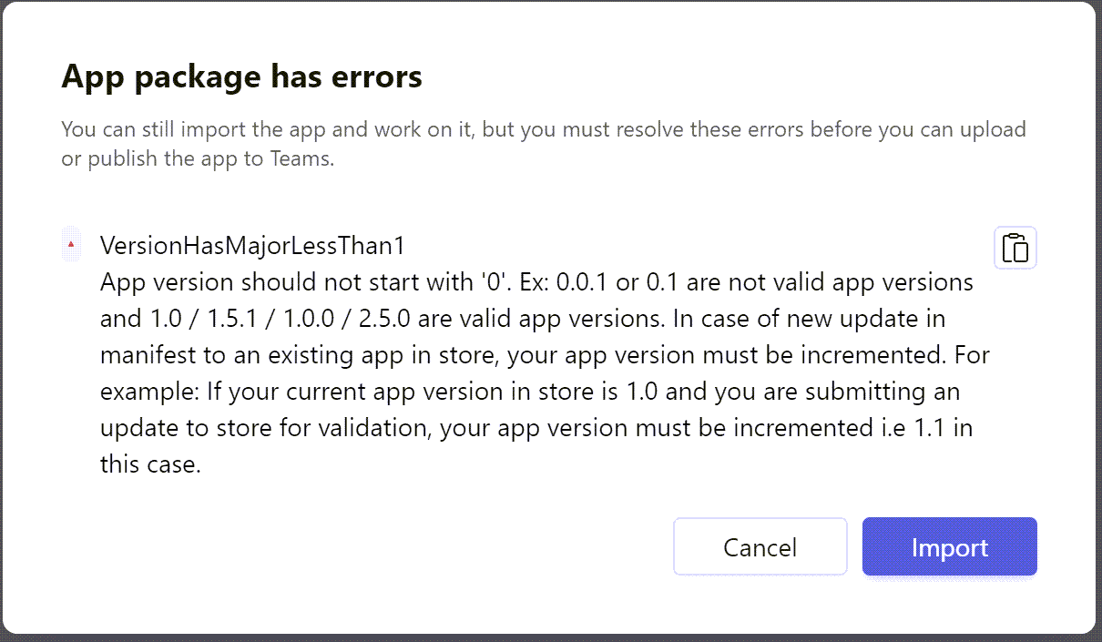 Screenshot of the warning during import into Developer Studio.