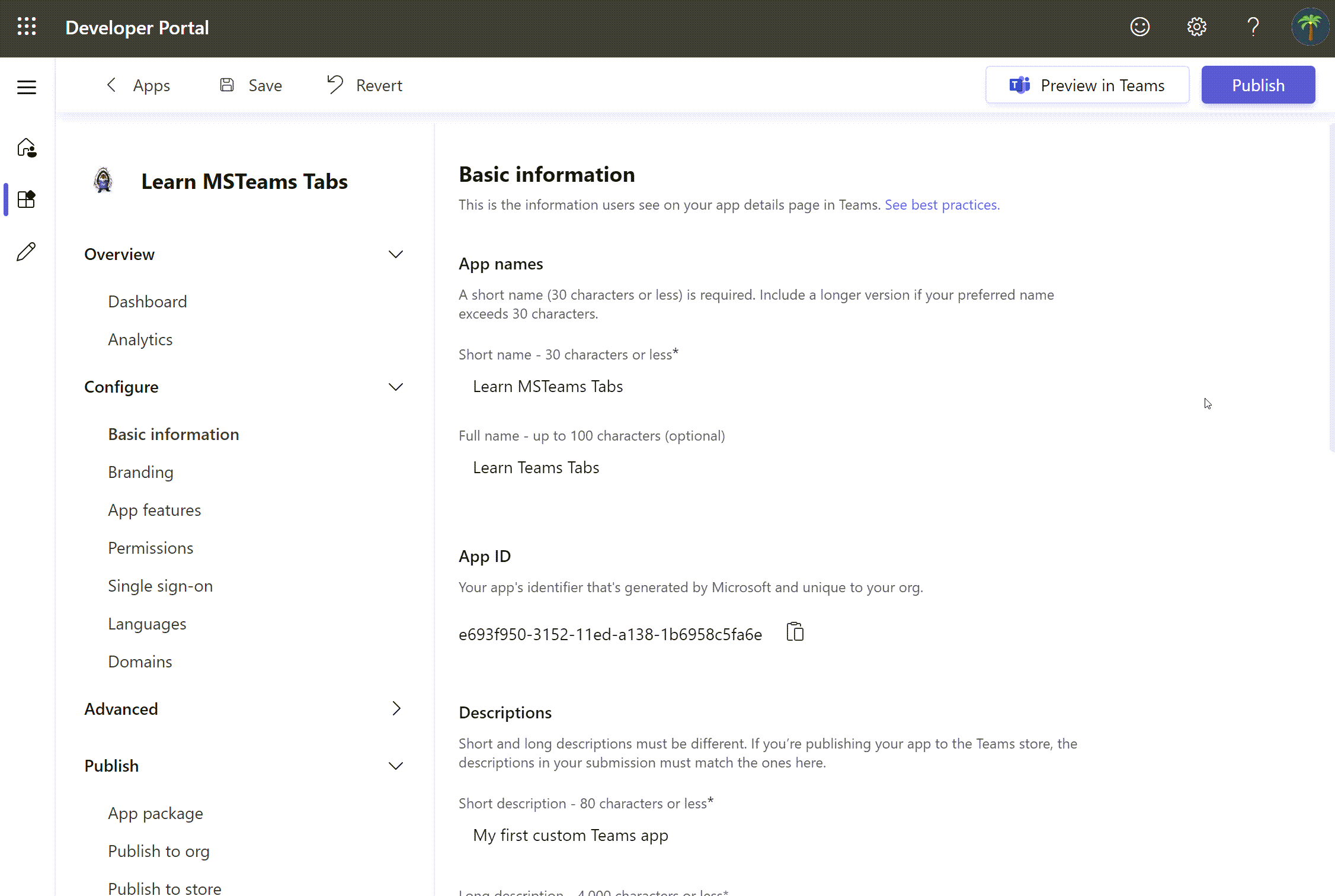 Screenshot of app details in Developer Portal.