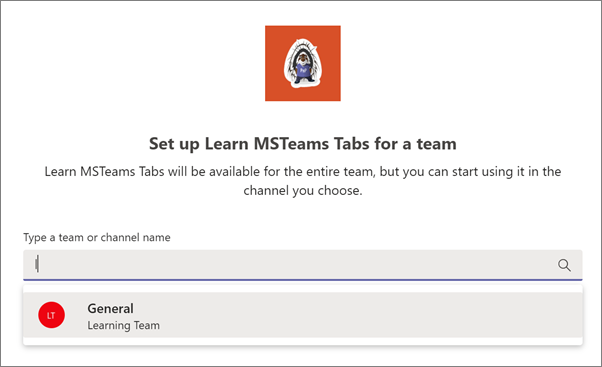 Screenshot selecting a team to add the channel tab to.