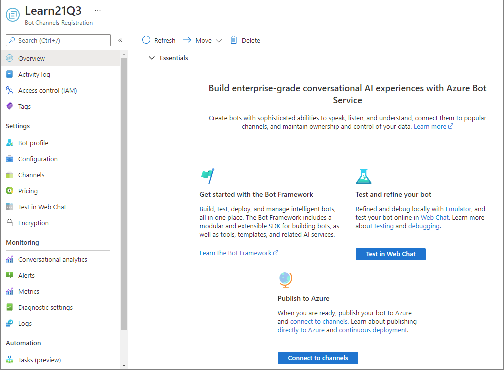 Screenshot of the created bot channel registration resource.