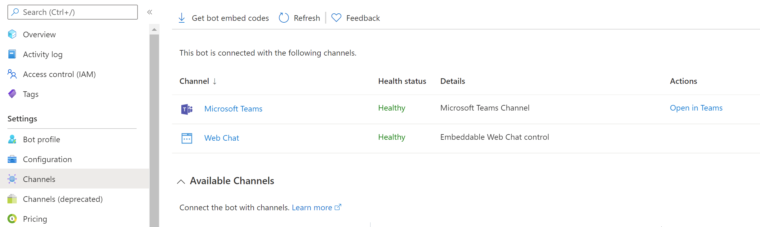 Screenshot of the enabled bot channels.