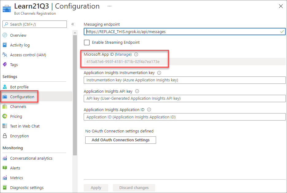Screenshot of the bot's settings page.