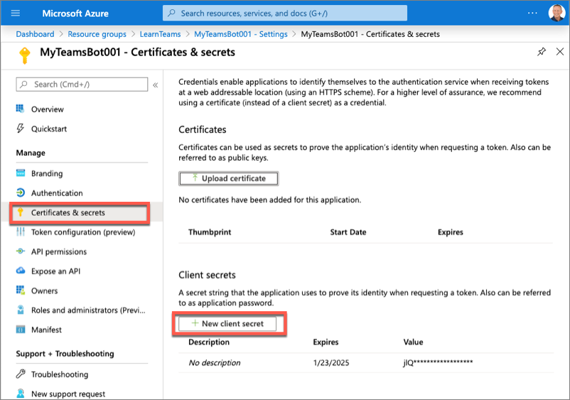 Screenshot of the Certificates & Secrets page in the Azure AD admin center.