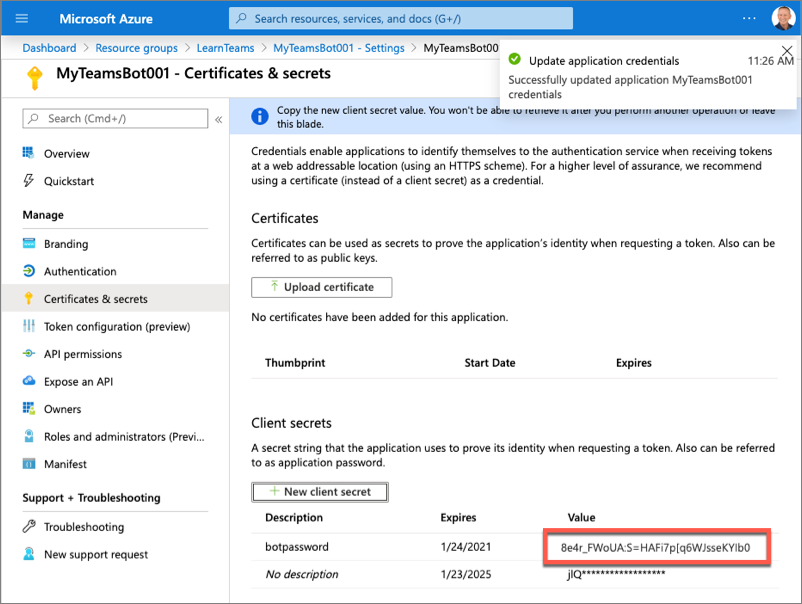Screenshot showing the new secret.