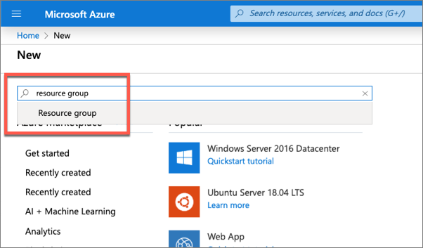 Screenshot of creating a resource group - create a resource menu item.