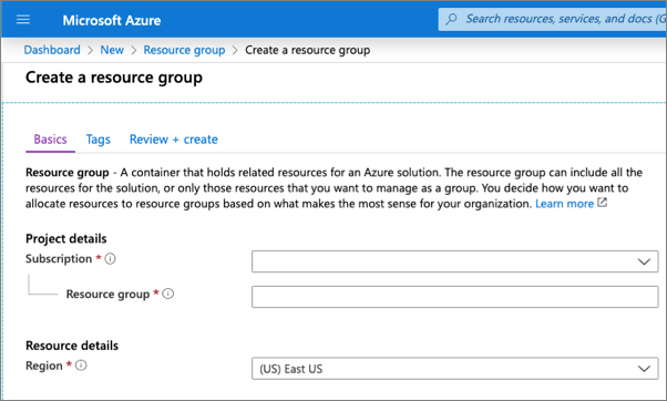 Screenshot of creating a resource group - search for resource group.