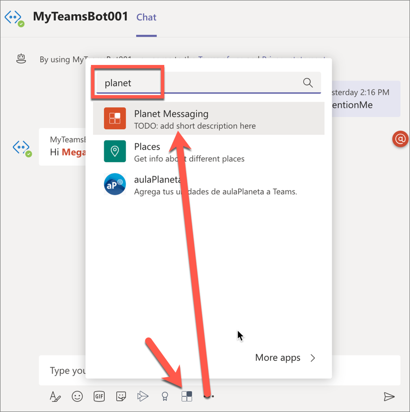 Screenshot of the installed Microsoft Teams messaging extension.