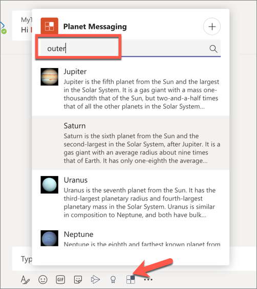 Screenshot of a search messaging extension.