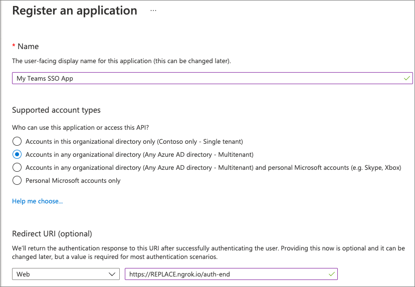 Screenshot of the Register an application page.