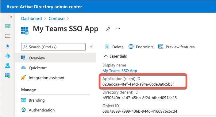 Screenshot of the application ID of the new app registration.
