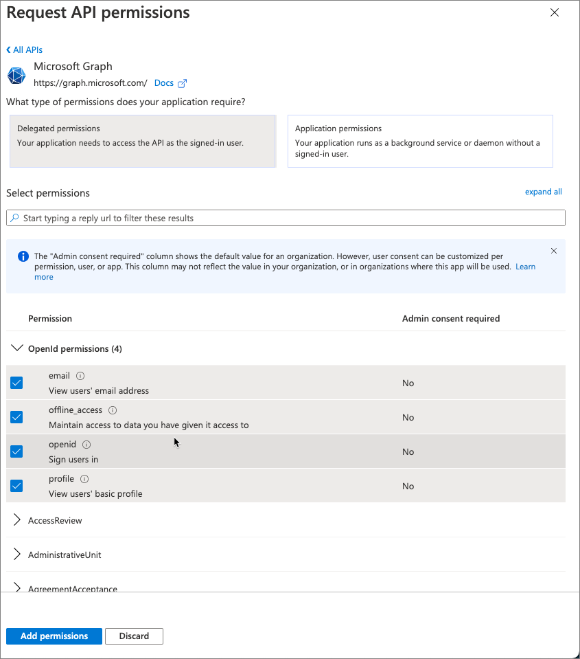 Screenshot adding permissions to the app.